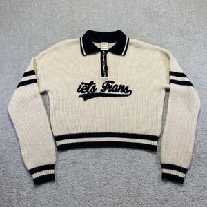 Iets Frans Womens Knit Sweater Size Small Petite Cream Collared Cropped Ribbed